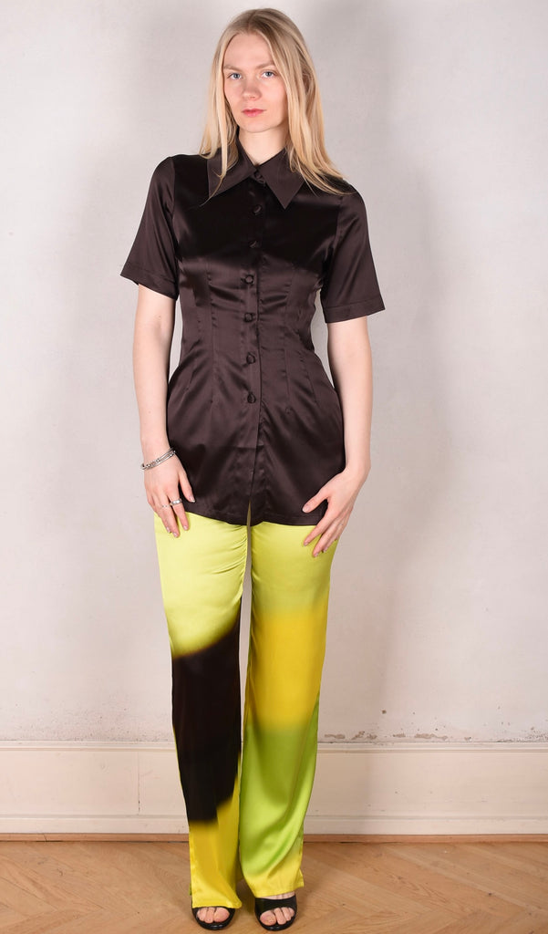 M.BARKER long shirt w.short sleeves and pockets on backside "Coffee" - Tone Barker Silk