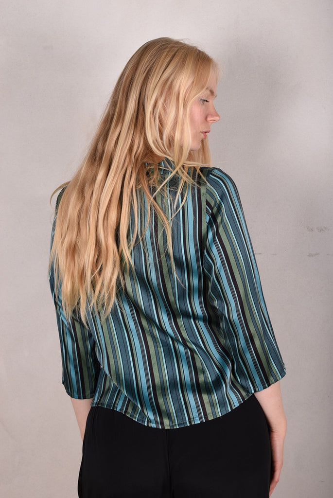 Audrey. Silk satin stretch top, classic style. Print: "M.B.Stripe-petrol" - Tone Barker Silk