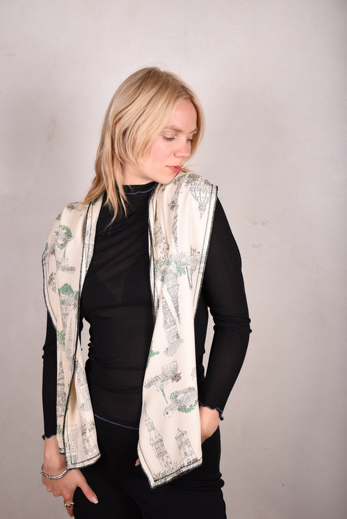 Noil silk/viscose mix double scarf (two layers) 33 x 160 cm with print "Towers" by Bøje Barker - Tone Barker Silk