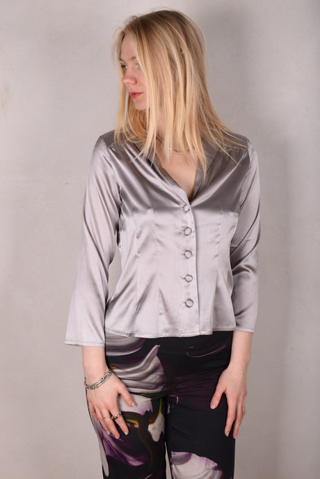 Bifty. Shirt/jacket in Stretch Silk Satin with covered buttons "Silver" - Tone Barker Silk