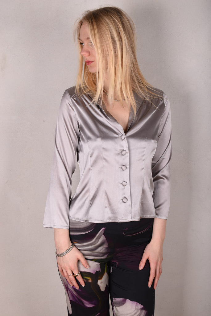 Bifty. Shirt/jacket in Stretch Silk Satin with covered buttons "Silver" - Tone Barker Silk