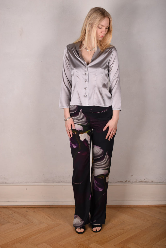 Bifty. Shirt/jacket in Stretch Silk Satin with covered buttons "Silver" - Tone Barker Silk