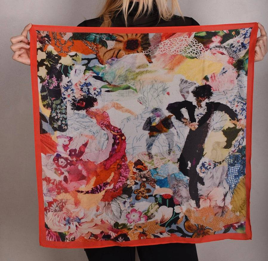 Artist Scarf in 100% Silk Crepe-de-Chine 70X70 cm. "Flamenco, Orange" - Tone Barker Silk