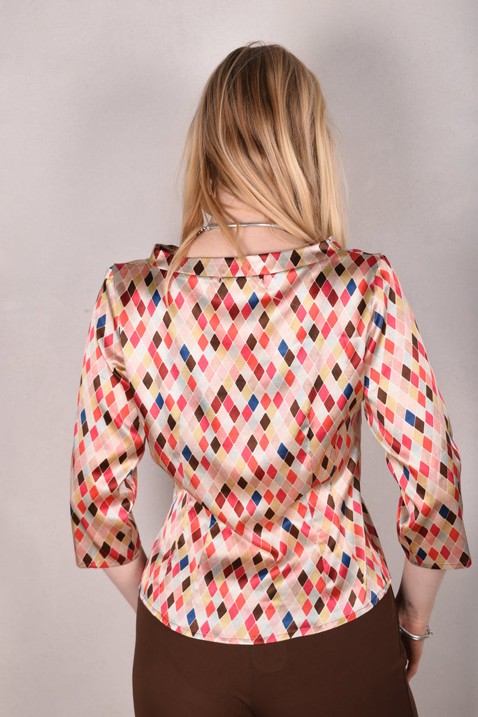 Audrey. Silk satin stretch top, classic style. Print:"Harlequin" - Tone Barker Silk