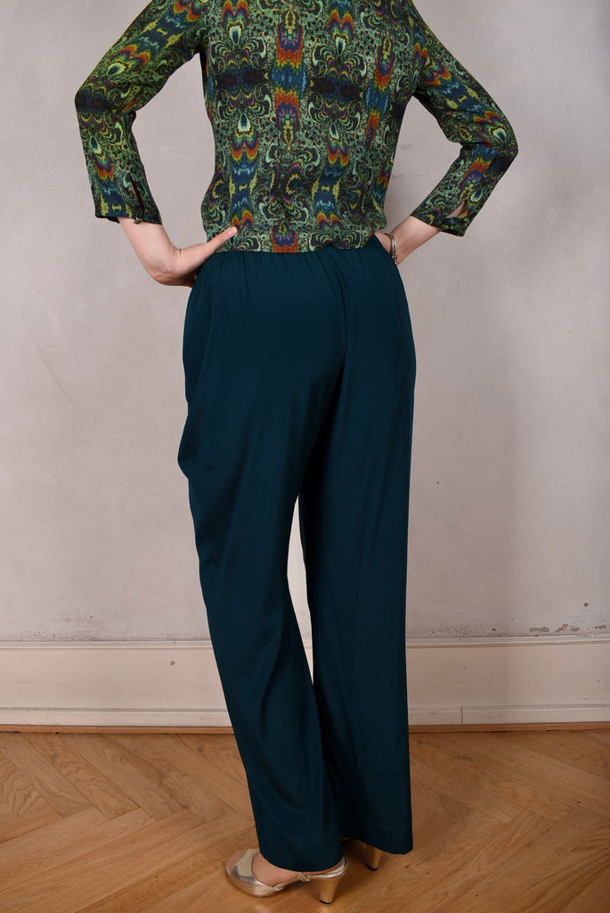 Norma, Semi-wide legged  trousers in Stretch satin Silk. "Petrol blue" Matte silk - Tone Barker Silk
