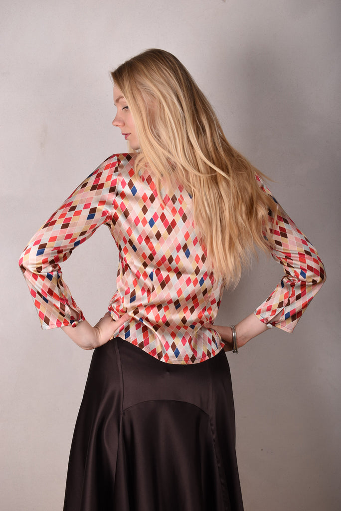 Bifty. Shirt/jacket in Stretch Silk Satin with covered buttons "harlequin" (shiny side out) - Tone Barker Silk