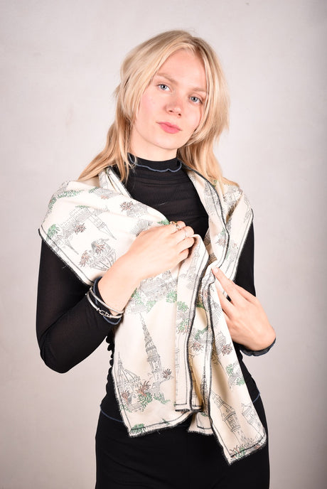 Noil silk/viscose mix double scarf (two layers) 33 x 160 cm with print "Towers" by Bøje Barker - Tone Barker Silk