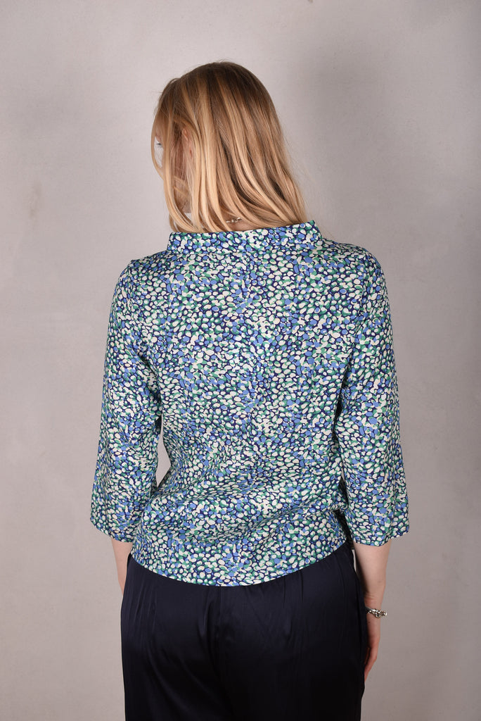 Audrey. Silk satin stretch top, classic style. Print:"Props" - Tone Barker Silk