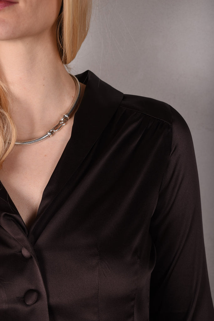 Bifty. Shirt/jacket in Stretch Silk Satin with covered buttons "Coffee" - Tone Barker Silk