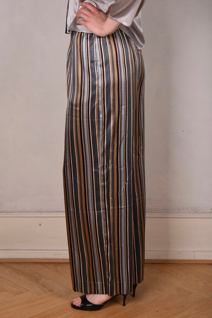 Norah, Wide legged  trousers in Stretch satin Silk. Print: "M.B Stripe" by M.BARKER - Tone Barker Silk