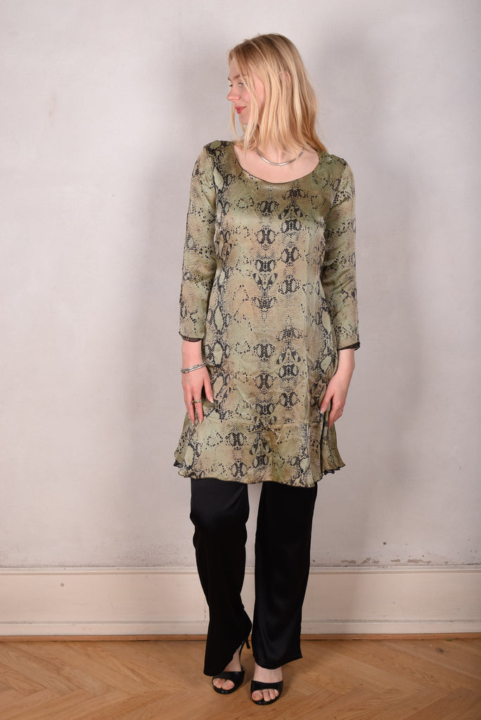 Reversible Silk dress "Ann-Line" Print combination "Bluweed/Dark Snake" - Tone Barker Silk