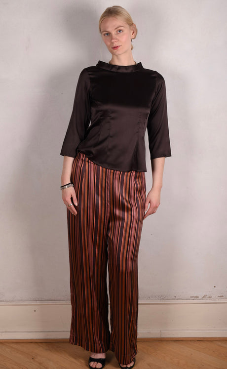 Norah, Wide legged  trousers in Stretch satin Silk. Print: "Orange M.B Stripe" by M.BARKER - Tone Barker Silk