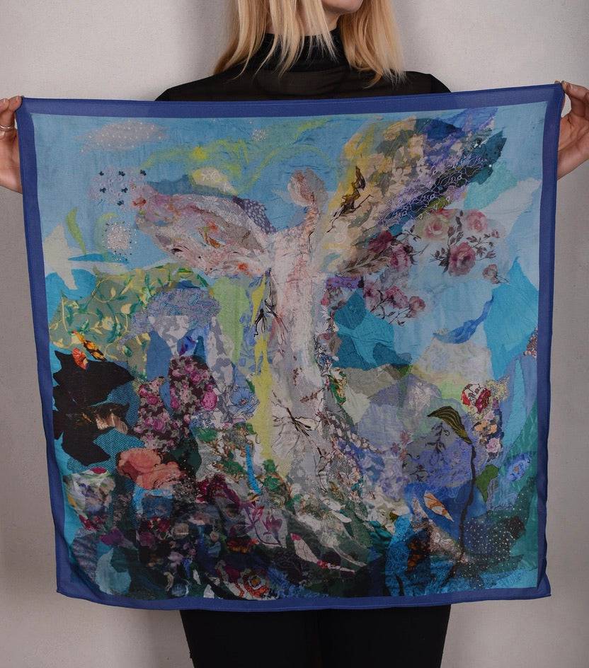 Artist Scarf. Silk Crepe-de-Chine 70X70 cm. "Angel, Blue" - Tone Barker Silk