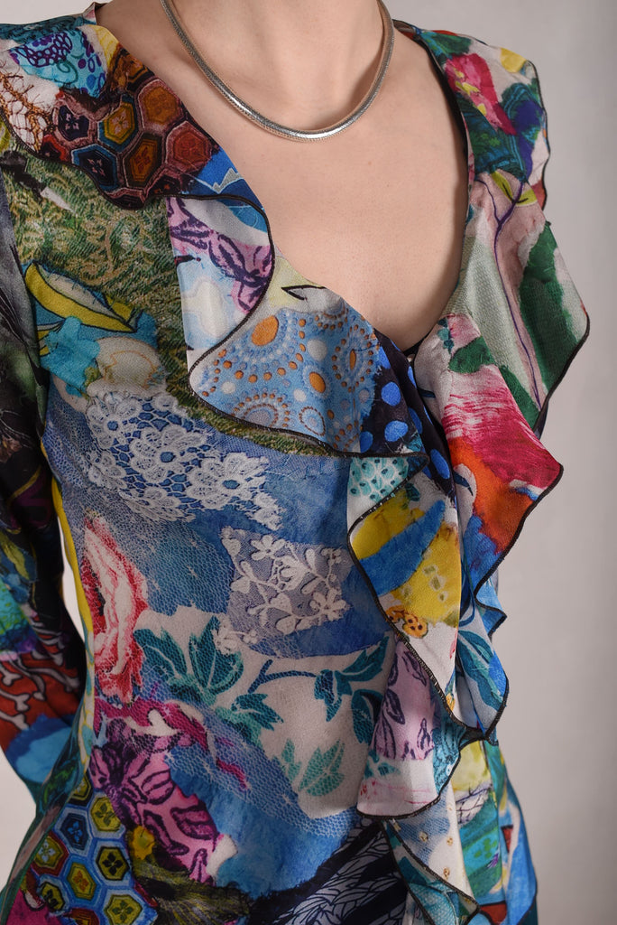 Palma - Silk shirt with Volant. Print "Giadams" by Nulle Oigaard - Tone Barker Silk
