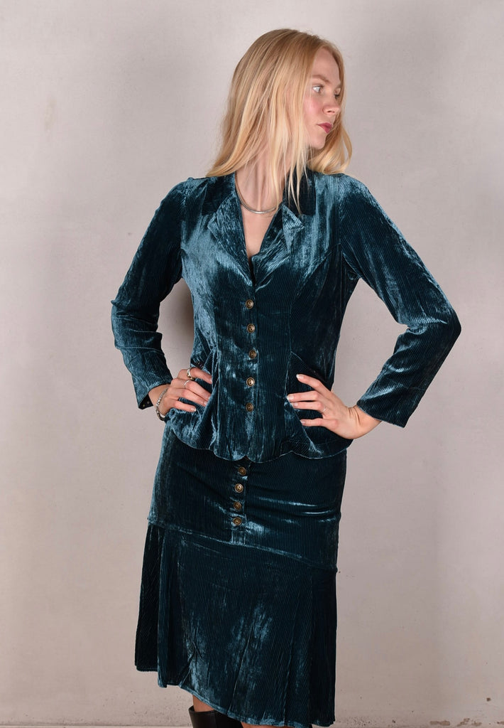 Joan-velvet. Skirt in silk/viscose corduroy velvet. Petrol (lining in print "Blears" silk) - Tone Barker Silk