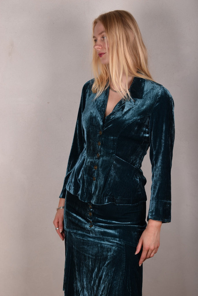 Patti-velvet. Silk stretch Velvet corduroy jacket. Petrol (details in stretch silk print "blears" - Tone Barker Silk