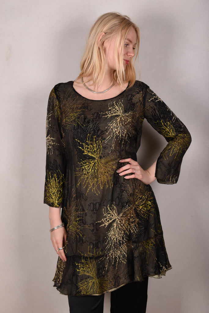 Reversible Silk dress "Ann-Line" Print combination "Bluweed/Dark Snake" - Tone Barker Silk