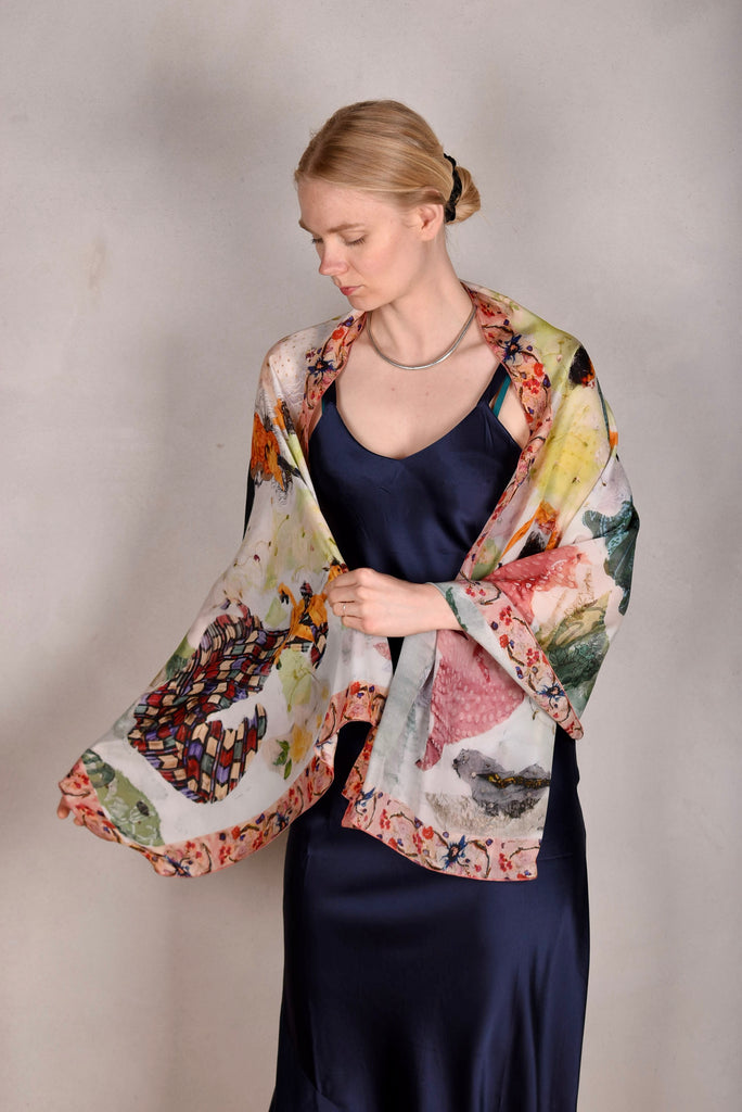Artist Scarf/shawl in 100% silk Crepe-de-Chine. Print "Dancers" by Nulle Oigaard - Tone Barker Silk