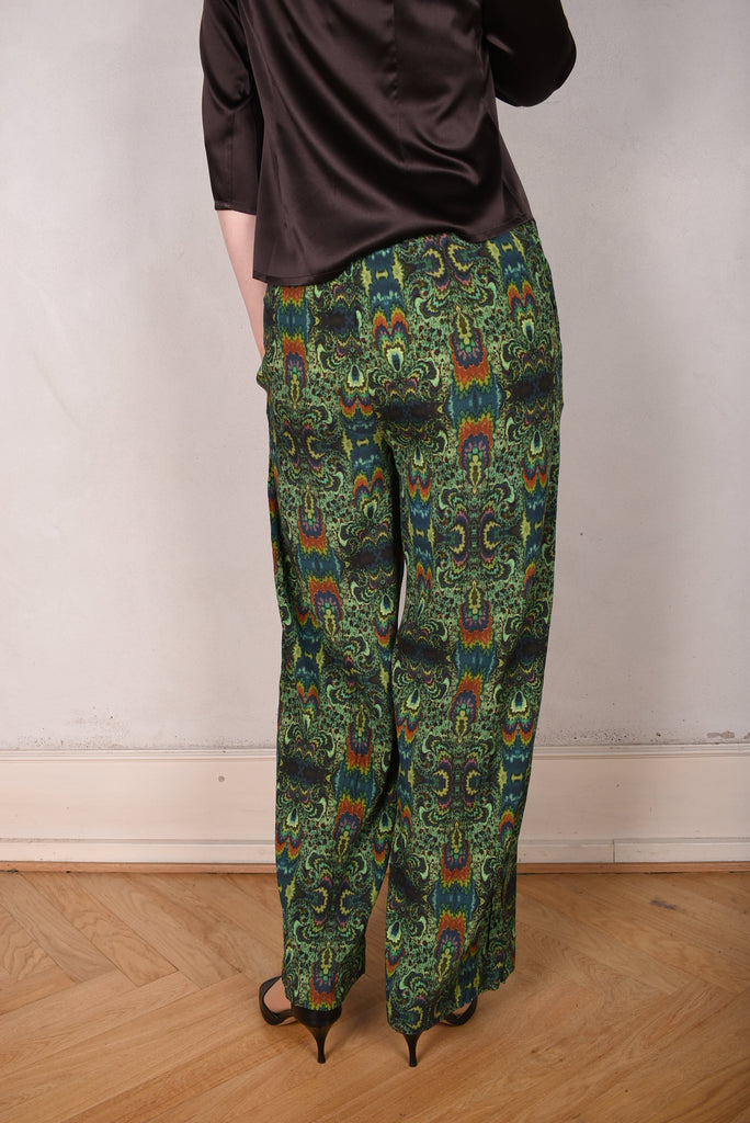 Norah, Wide legged  trousers in Stretch satin Silk. "Fraktal Green" - Tone Barker Silk