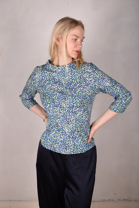 Audrey. Silk satin stretch top, classic style. Print:"Props" - Tone Barker Silk