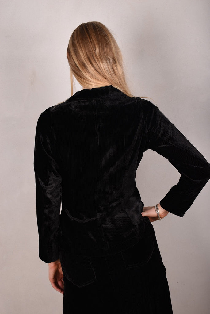 Patti-velvet. Silk stretch Velvet corduroy jacket. Black (details in stretch silk print "blears" - Tone Barker Silk