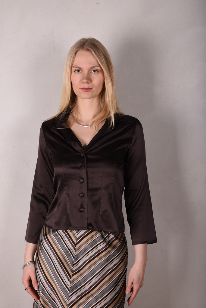 Bifty. Shirt/jacket in Stretch Silk Satin with covered buttons "Coffee" - Tone Barker Silk