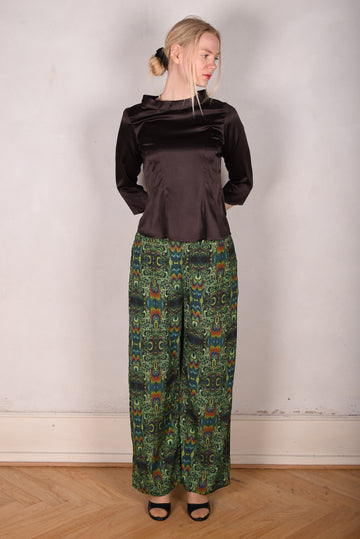 Norah, Wide legged  trousers in Stretch satin Silk. "Fraktal Green" - Tone Barker Silk