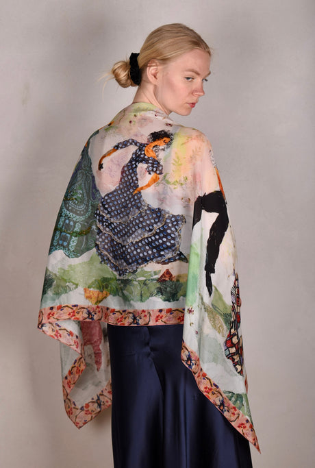Artist Scarf/shawl in 100% silk Crepe-de-Chine. Print "Dancers" by Nulle Oigaard - Tone Barker Silk