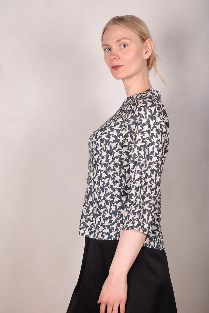 Audrey. Silk satin stretch top, classic style. Print: "Tin-bird" - Tone Barker Silk