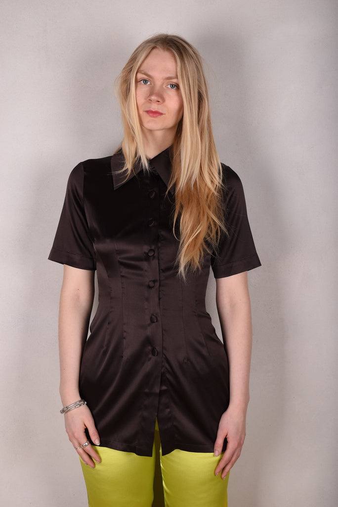 M.BARKER long shirt w.short sleeves and pockets on backside "Coffee" - Tone Barker Silk