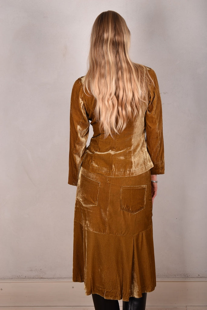 Patti-velvet. Silk stretch Velvet corduroy jacket. Camel with details in print "Angels/demons" - Tone Barker Silk