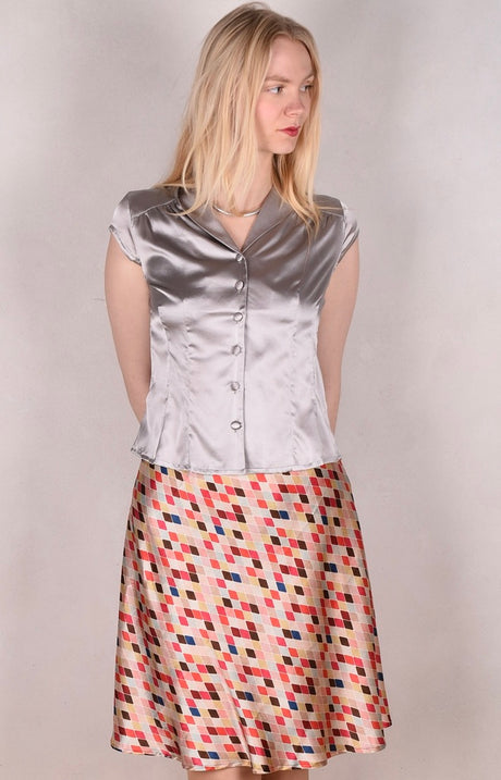 Tango, skirt in stretch silk satin, 95%silk/5% elastane. Print "Harlequin" - Tone Barker Silk