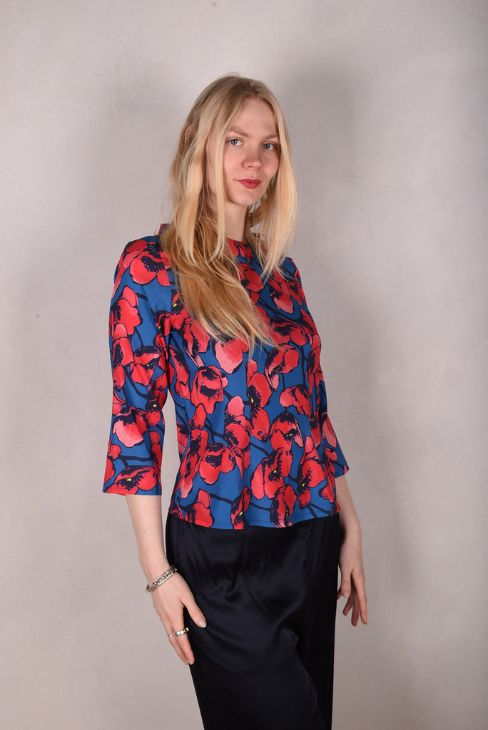 Audrey. Silk satin stretch top, classic style. Print:"Pal-Pop" (Matte side out) - Tone Barker Silk
