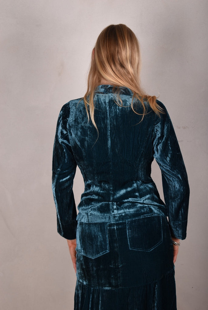 Patti-velvet. Silk stretch Velvet corduroy jacket. Petrol (details in stretch silk print "blears" - Tone Barker Silk