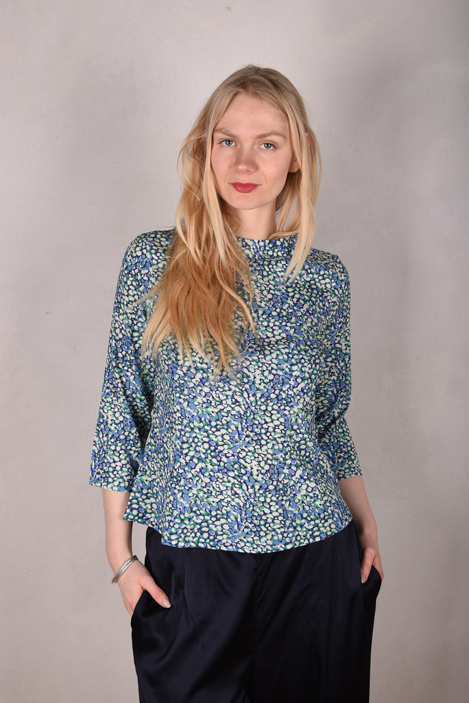 Audrey. Silk satin stretch top, classic style. Print:"Props" - Tone Barker Silk