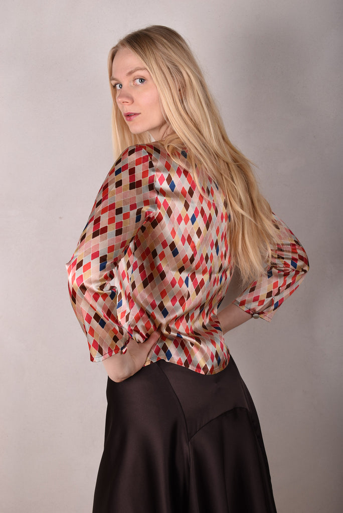 Bifty. Shirt/jacket in Stretch Silk Satin with covered buttons "harlequin" (shiny side out) - Tone Barker Silk