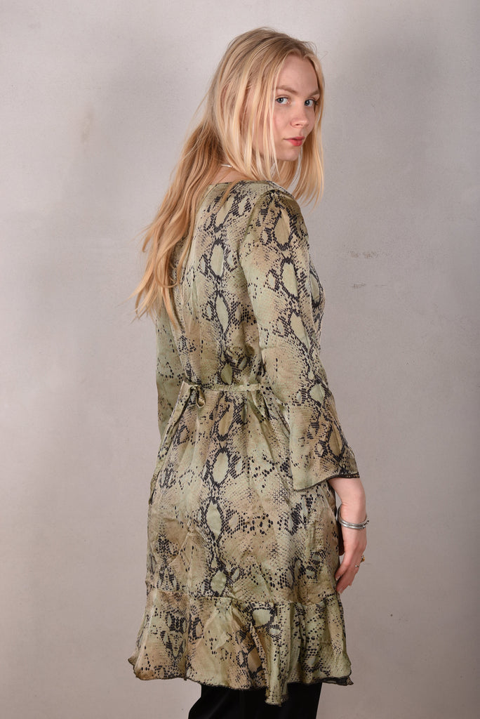Reversible Silk dress "Ann-Line" Print combination "Bluweed/Dark Snake" - Tone Barker Silk