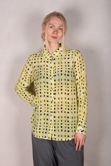 Tamie-crepe. 100% Silk crepe shirt. Print "Yasket" - Tone Barker Silk