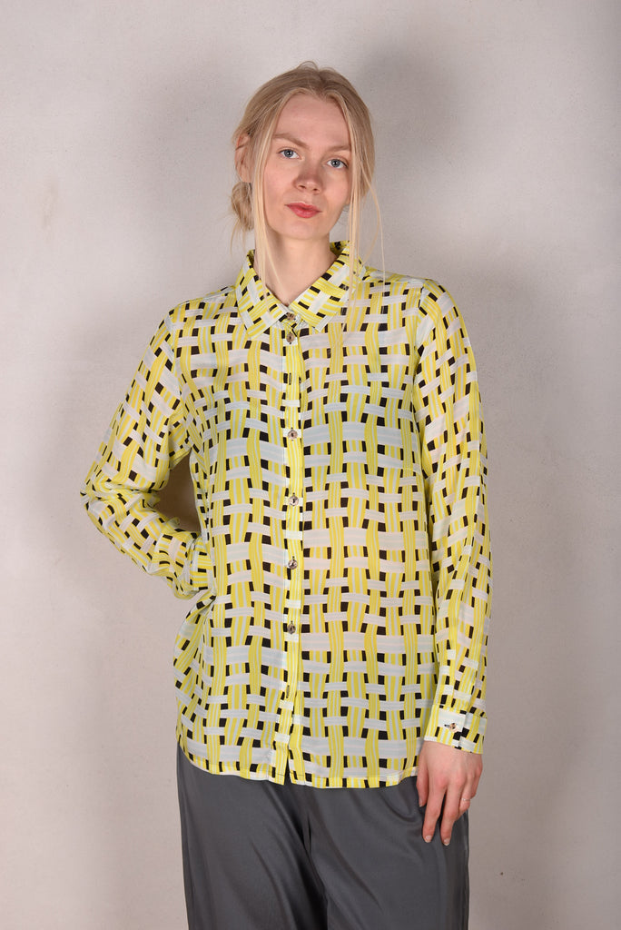 Tamie-crepe. 100% Silk crepe shirt. Print "Yasket" - Tone Barker Silk