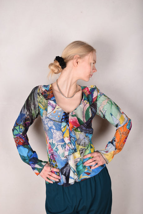 Palma - Silk shirt with Volant. Print "Giadams" by Nulle Oigaard - Tone Barker Silk