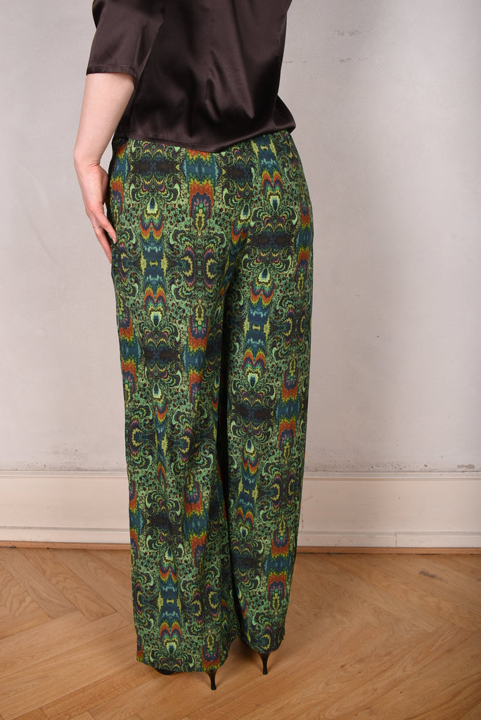 Norah, Wide legged  trousers in Stretch satin Silk. "Fraktal Green" - Tone Barker Silk