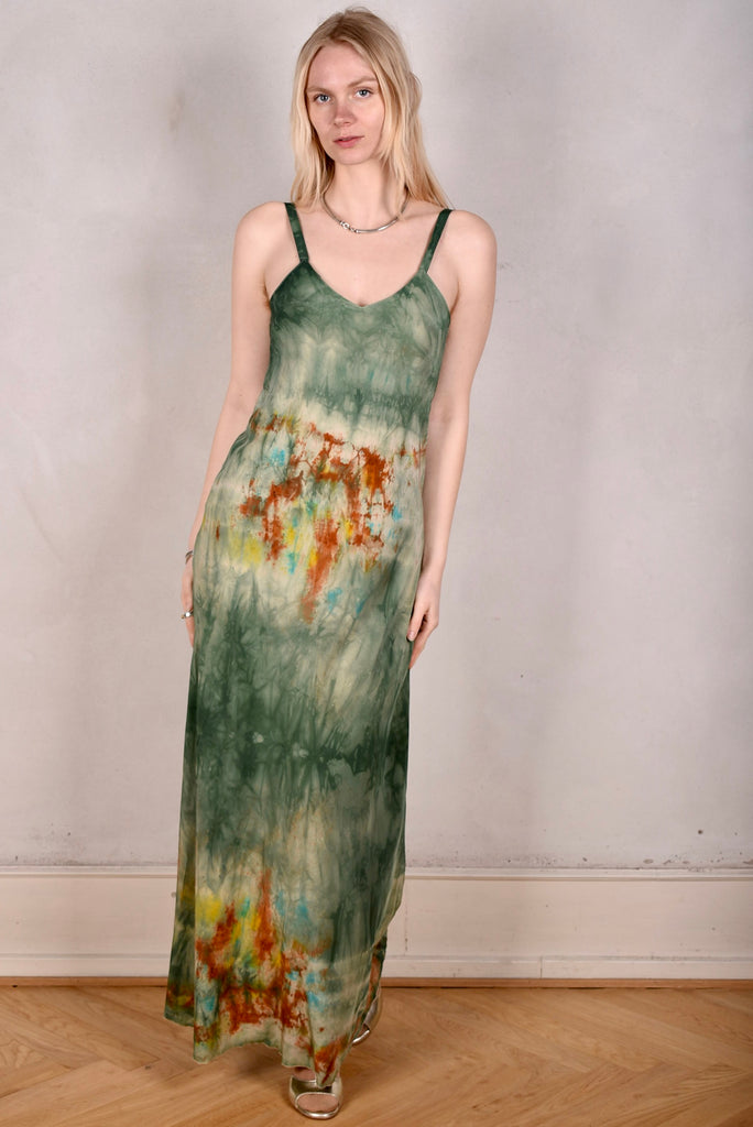 Pauline. Maxi dress in hand-dyed  Crepe de Chine 100% silk "Woody"