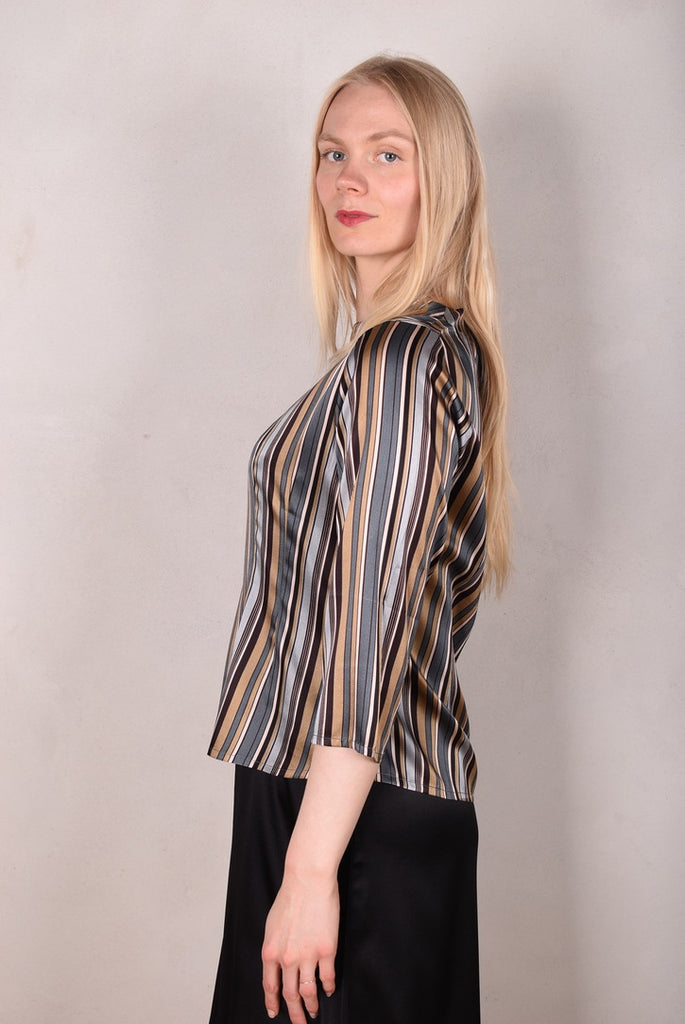 Audrey. Silk satin stretch top, classic style. Print: "M.B.stripe" by M.BARKER - Tone Barker Silk