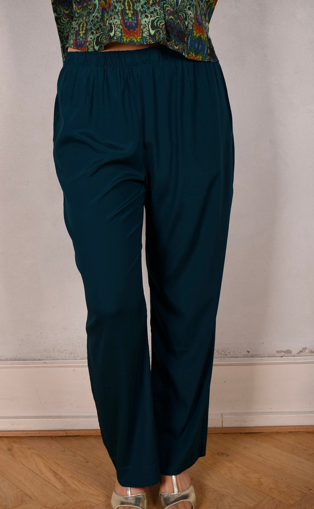 Norma, Semi-wide legged  trousers in Stretch satin Silk. "Petrol blue" Matte silk - Tone Barker Silk