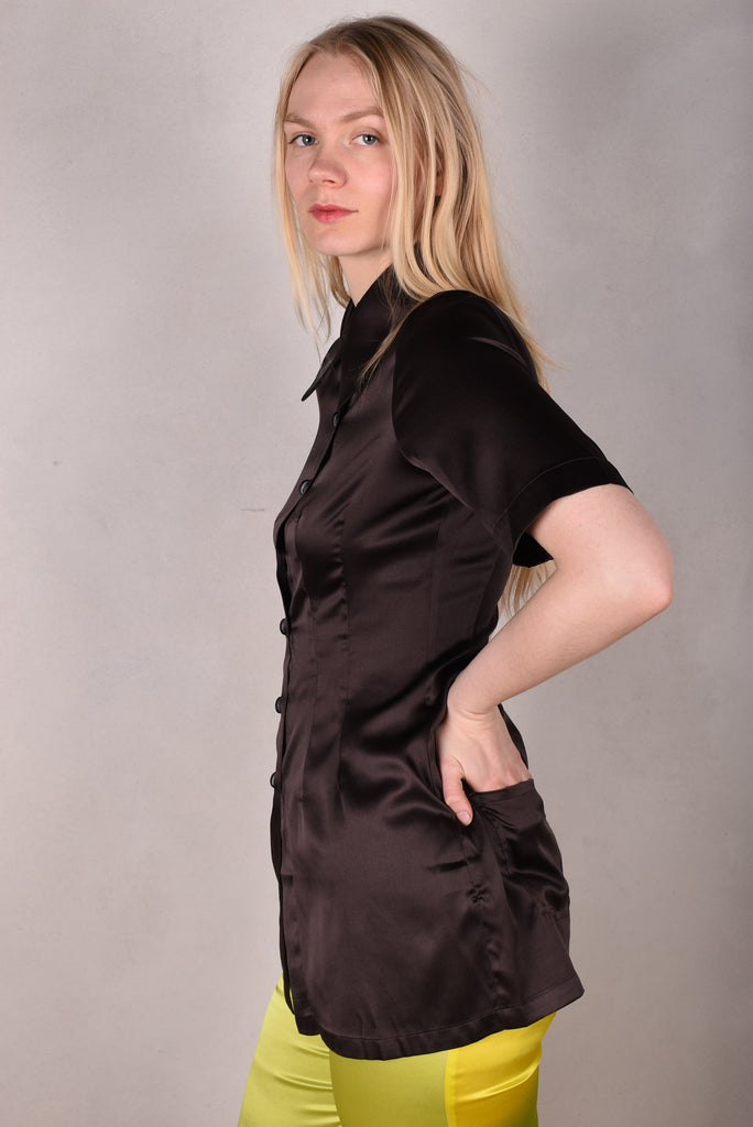 M.BARKER long shirt w.short sleeves and pockets on backside "Coffee" - Tone Barker Silk