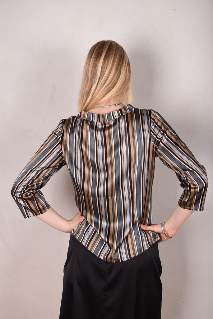 Audrey. Silk satin stretch top, classic style. Print: "M.B.stripe" by M.BARKER - Tone Barker Silk