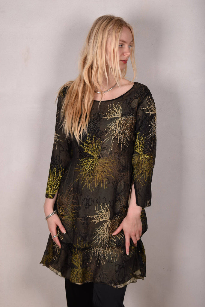 Reversible Silk dress "Ann-Line" Print combination "Bluweed/Dark Snake" - Tone Barker Silk