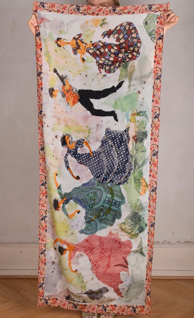 Artist Scarf/shawl in 100% silk Crepe-de-Chine. Print "Dancers" by Nulle Oigaard - Tone Barker Silk