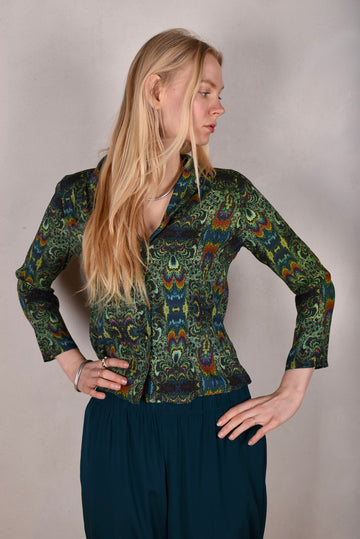 Bifty. Shirt/jacket in Stretch Silk Satin with covered buttons "Green Fraktal" (Matte silk) - Tone Barker Silk