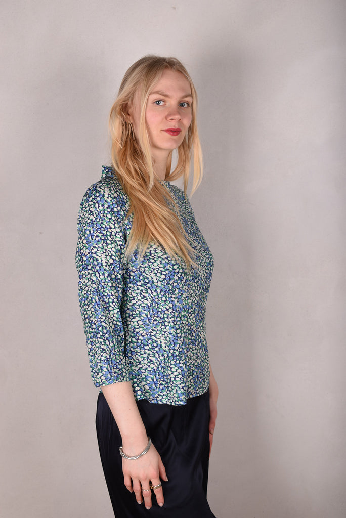 Audrey. Silk satin stretch top, classic style. Print:"Props" - Tone Barker Silk